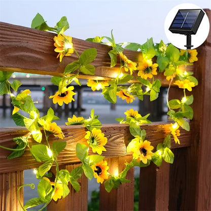 Solar Powered Sunflower Rose String Lights Artificial Ivy Leaves LED Fairy Lights Christmas Wedding Yard Fence Wall Decoration