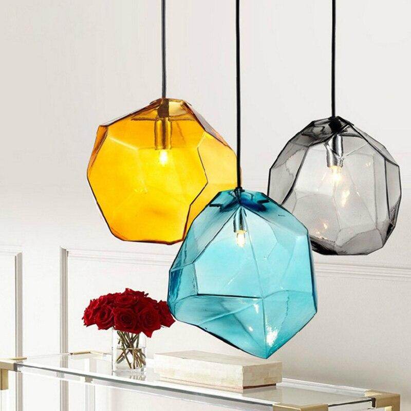 Modern Scandinavian Ice Crystal Glass Pendant Lights Creative Restaurant Hanging Lights Colored Stone Single Head Luminarias