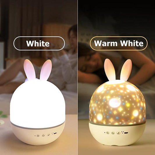 LED Projector Night Light Romantic Music Charging Rotating Projection Lamp w/Rabbit Ear for Home Party Decor Baby Sleep Lighting