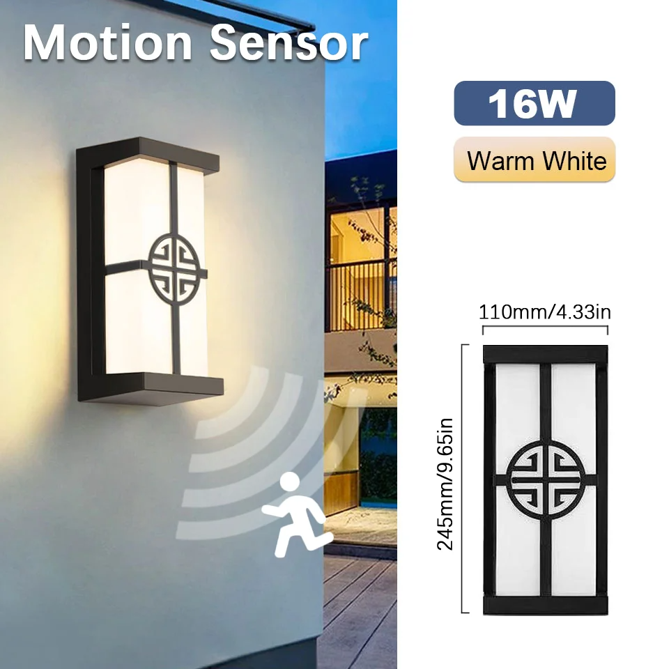 Motion Sensor LED Wall Light 16W Indoor&Outdoor Waterproof IP66 Porch Wall Lamp Sconce Decoration Lighting
