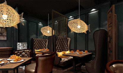 Creative Fish Pendant Lights Hand Woven Rattan Hanging Lamps Restaurant Bedroom Bar Light Fixture Home Teahouse Decoration