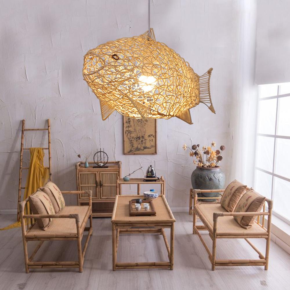 Creative Fish Pendant Lights Hand Woven Rattan Hanging Lamps Restaurant Bedroom Bar Light Fixture Home Teahouse Decoration