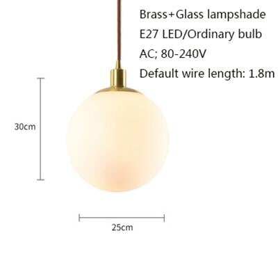 Nordic Loft Brass Single-head Glass Ball Pendant Lamps E27 LED Hanging Light For Kitchen Living Room Bedside Bathroom Hotel Room