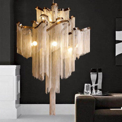Modern Luxury Silver Gold Aluminium chain fringed Pendant Lamp Luxury Stair Pendant Hanging Light for Home Hotel Decoration