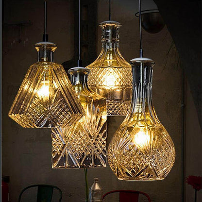 Modern Personality E27 Glass Hanging Lights Wine Bottle Engraved Pendant Lamps For Dining Room Living Room Restaurant Cafe Bar