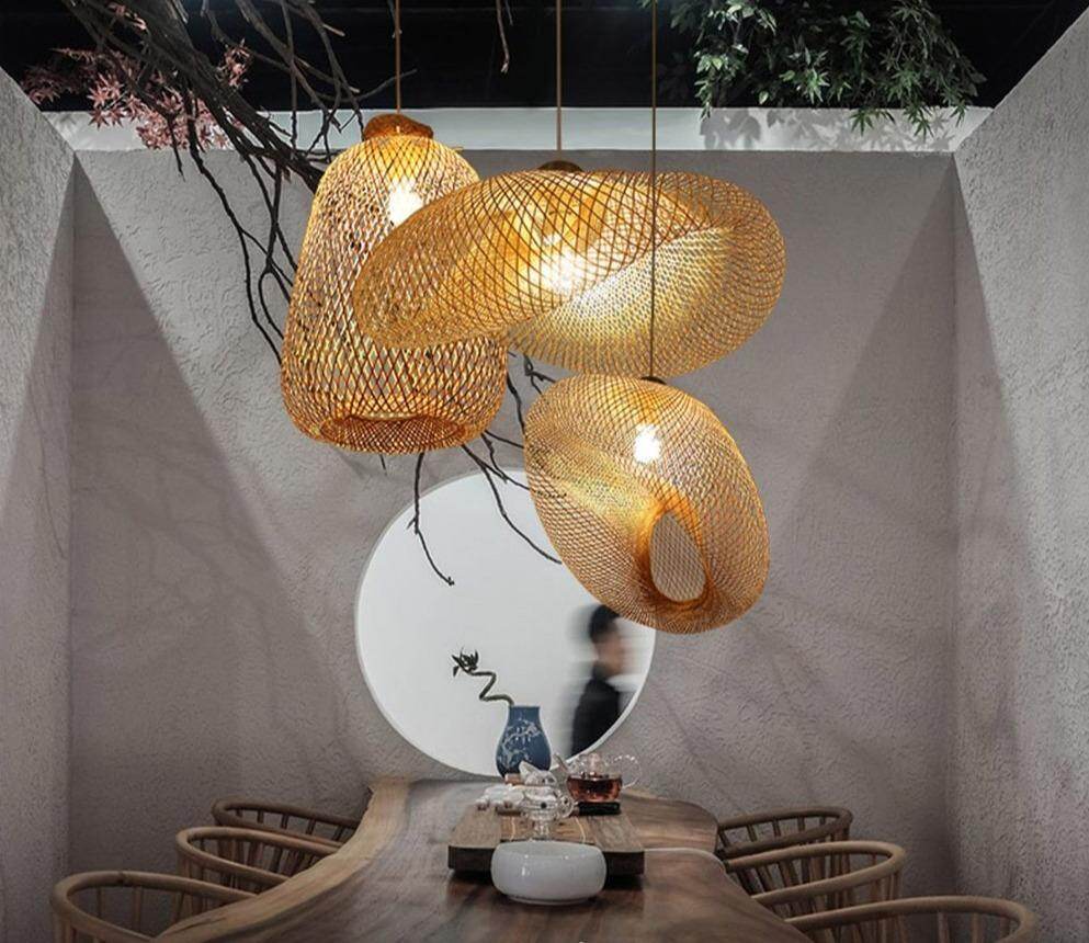 Bamboo LED E27 Wicker Rattan Wave Shade Pendant Light Vintage Japanese Lamp Suspension Home Indoor Dining Table Room Lighting