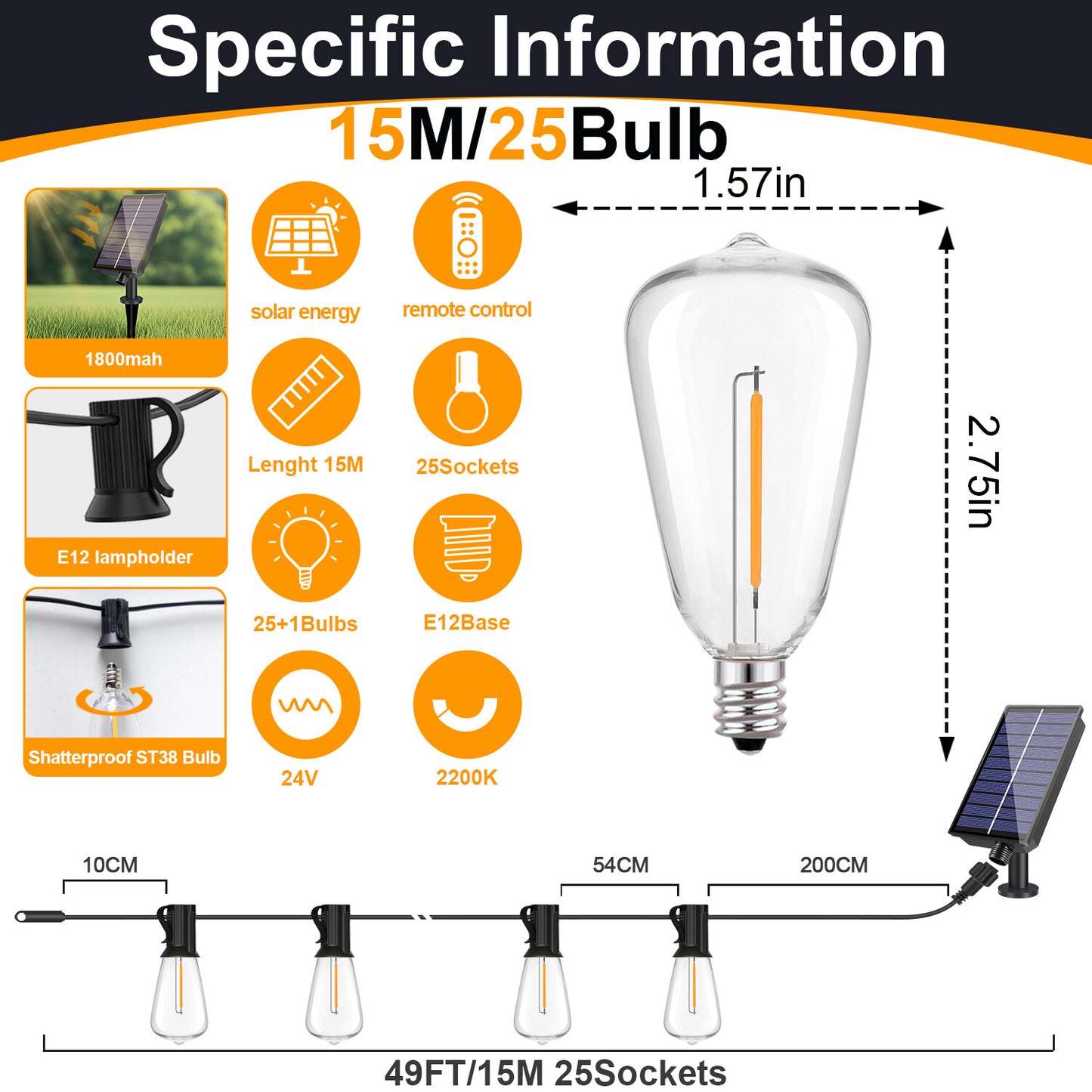Solar Globe LED String Lights G40 Patio Light USB Recharger 8 Light Modes Remote Control Solar Weatherproof