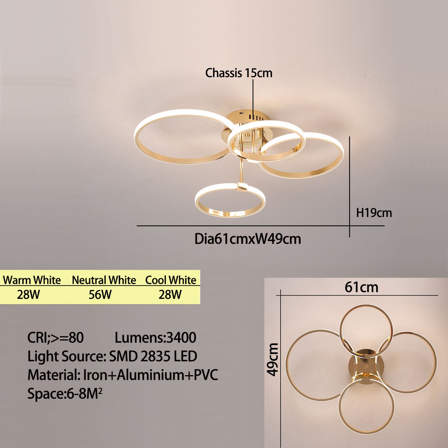 Modern Led Chandelier Gold/Chrome Led Ceiling Lights For Living Bedroom Kitchen 4-6 Ring Dimmable Ceiling Chandelier