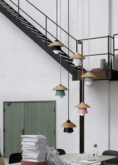 The Nordic modern minimalist bedroom small chandelier iron wood bowl hall creative personality Macarons restaurant LED lamp