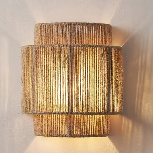 Vintage Retro Rattan Wall Lights E27 Handwoven Hemp Rope Wall Lamp for Living Room Hallway Indoor Decor Sconce