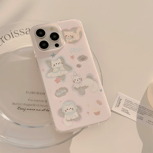 Cartoon Pink Hollow Out Glitter Stars Cute Cat Shock Proof Phone Cover Case for iPhone 17 16 15 14 13 12 11 Pro Max Plus Air
