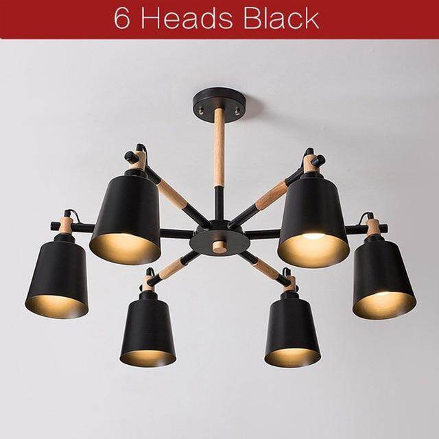Nordic Creative Simple 3/6/8 Heads Solid Wood LED Pendant Light White Black Color Iron+Solid Wood E27 Holder Modern Ceiling Lamp