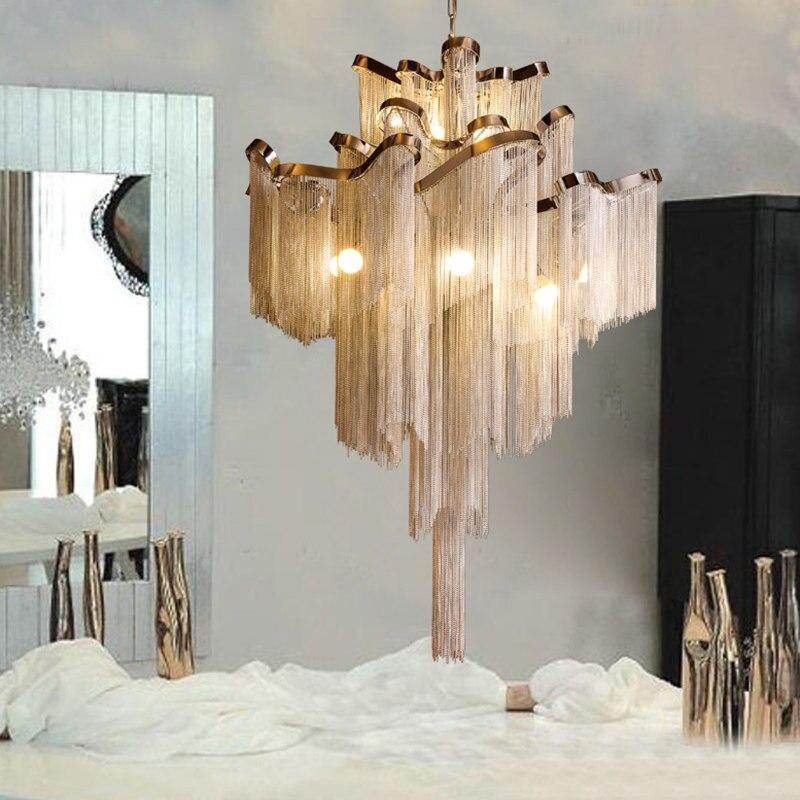 Modern Luxury Silver Gold Aluminium chain fringed Pendant Lamp Luxury Stair Pendant Hanging Light for Home Hotel Decoration