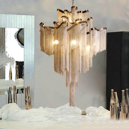 Modern Luxury Silver Gold Aluminium chain fringed Pendant Lamp Luxury Stair Pendant Hanging Light for Home Hotel Decoration