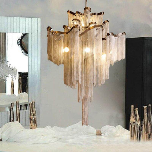 Modern Luxury Silver Gold Aluminium chain fringed Pendant Lamp Luxury Stair Pendant Hanging Light for Home Hotel Decoration