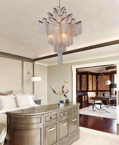 Modern Luxury Silver Gold Aluminium chain fringed Pendant Lamp Luxury Stair Pendant Hanging Light for Home Hotel Decoration