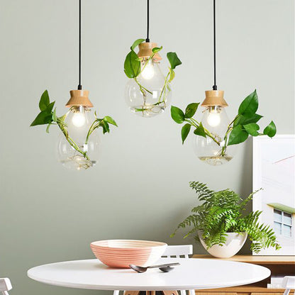 Modern Solid Wood Glass Plant Pendant Lights Garden Plant Flower Pot Restaurant Shop Ceiling Lamp