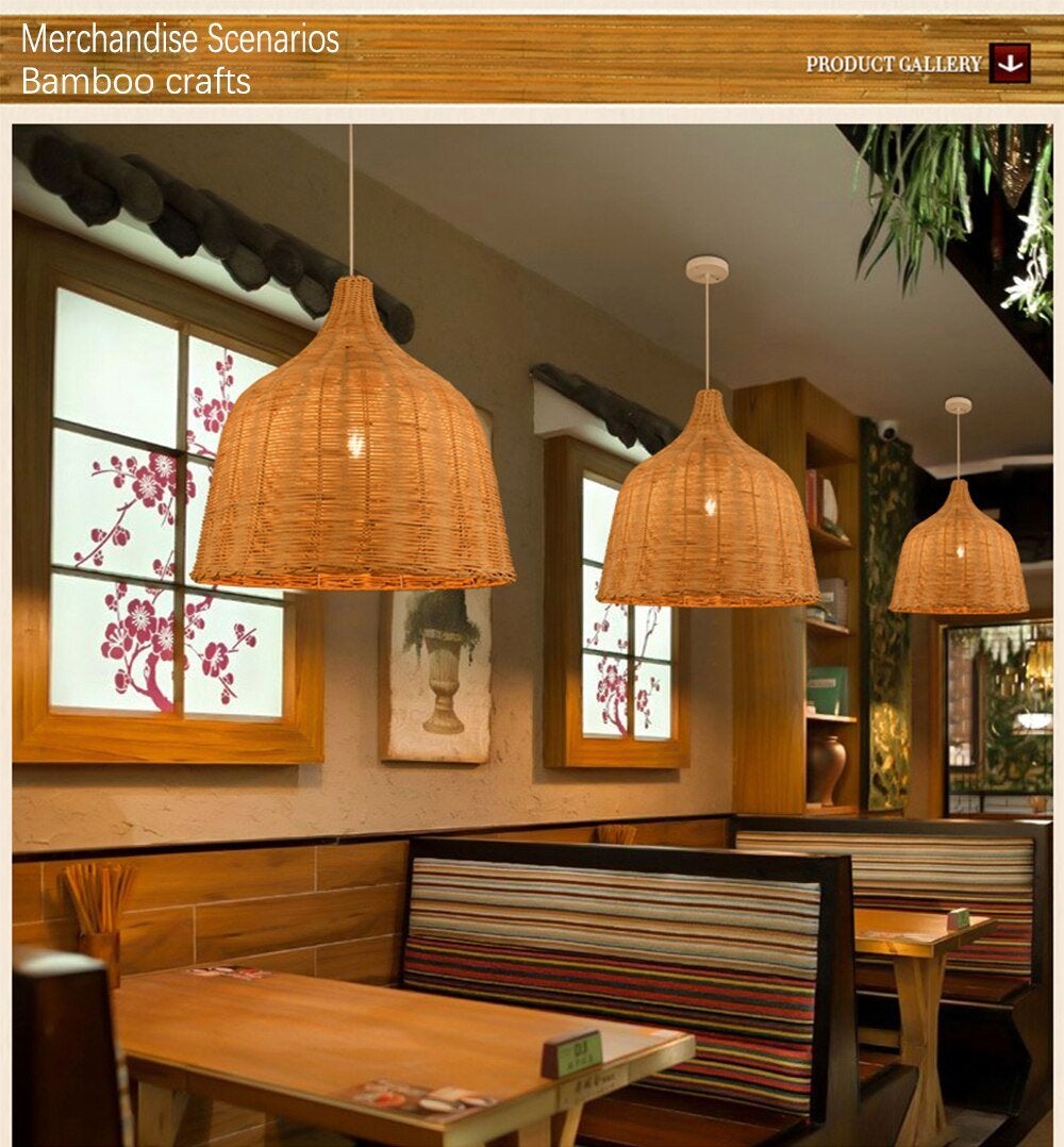 Hand Woven Rattan Pendant Light Japan Style Hanging Lamp E27 For Restaurant Bedroom Rustic Art Industrial Lamps Creative LED