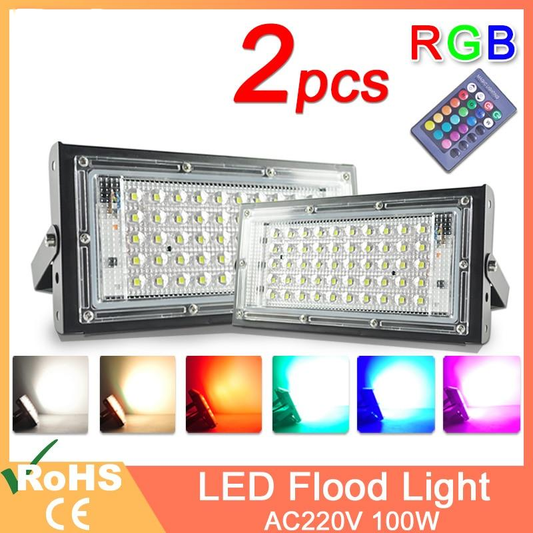 2pcs LED Flood Light 50W 100W RGB Floodlight street IP65 Waterproof Outdoor Wall Reflector Lighting AC Garden Spotlight