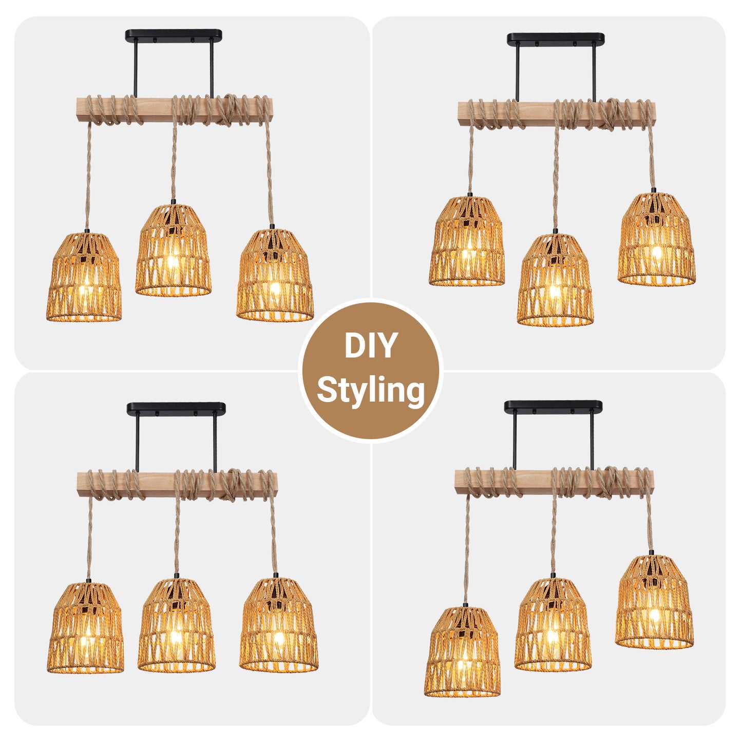 Boho Ceiling Lights Rattan Chandelier Light Hand Woven Flush Mount Hanging Lamp Pendant