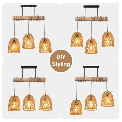 Boho Ceiling Lights Rattan Chandelier Light Hand Woven Flush Mount Hanging Lamp Pendant
