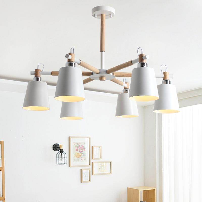 Nordic Creative Simple 3/6/8 Heads Solid Wood LED Pendant Light White Black Color Iron+Solid Wood E27 Holder Modern Ceiling Lamp