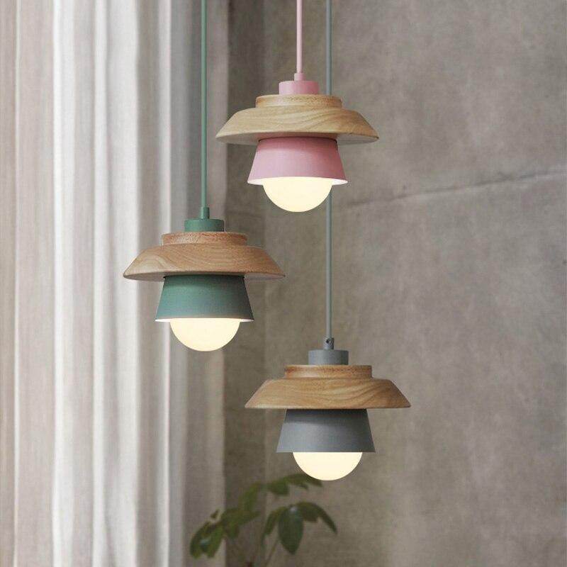 The Nordic modern minimalist bedroom small chandelier iron wood bowl hall creative personality Macarons restaurant LED lamp