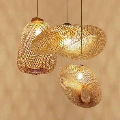 Handmade Bamboo Lamp Wicker Rattan Wave Shade Pendant Light Vintage Japanese Lamp Suspension Home Indoor Dining Table Room
