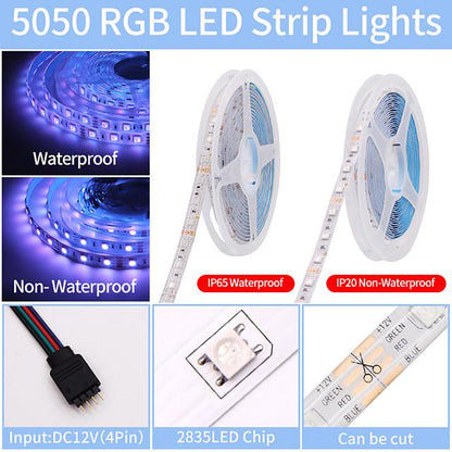 15M RGB LED Strip Lights Music Sync 12V Waterproof LED Strip 5M 10M 20M 5050 SMD Color Changing LED Light with Bluetooth Controller and 100-240V Adapter for Bedroom Home TV Back Light DIY Deco