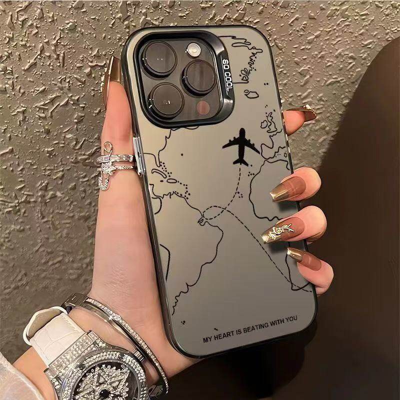 Travel-Inspired Airplane Route Design Plating Case for iPhone 16 15 Pro Max 14 13 12 11 XS X XR 7 8 Plus Matte Hard Back Cover