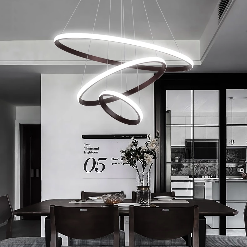 Modern LED Pendant Lights Hang Lamp Living Room Foyer White Coffee Black External Illumination Ring Lighting Luminaria Abajur De