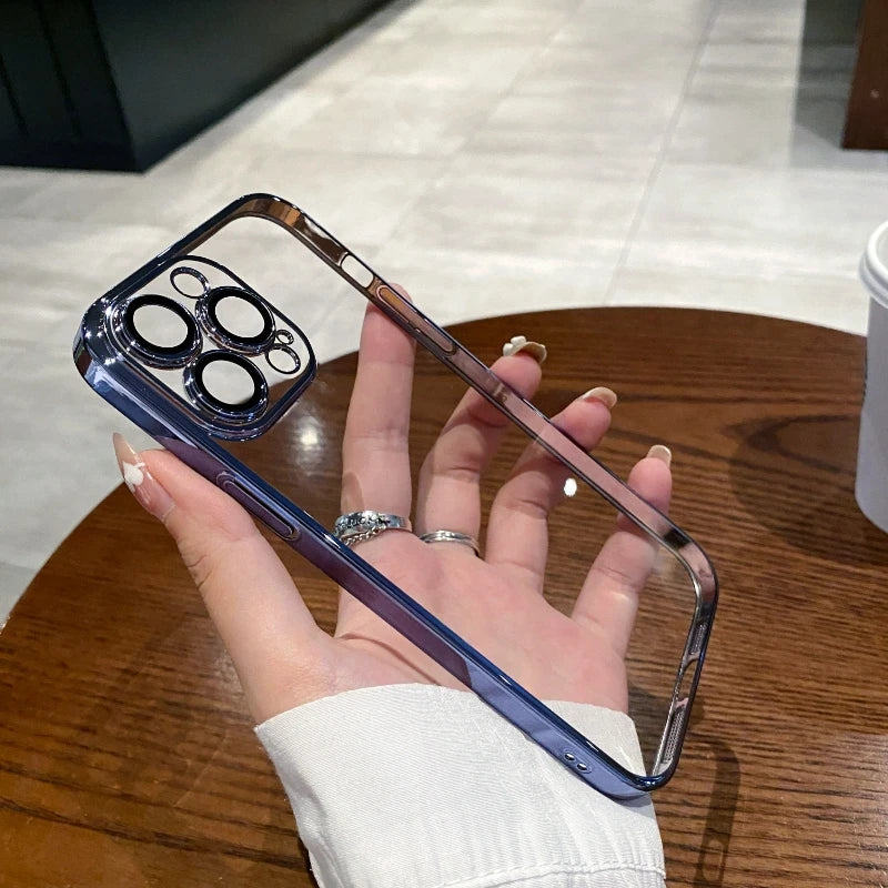 Luxury Plating Clear Silicone Phone Case For iPhone 16 15 14 13 12 11 Pro Max Plus X XR XS Mini Lens Protection Case Back Cover