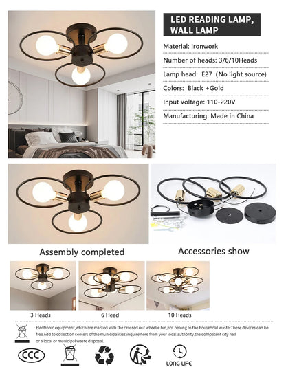 Nordic Pendant Lights Iron Ceiling Lamp Multiple Heads E27 Chandelier Black White Gold Color Lighting Fixture