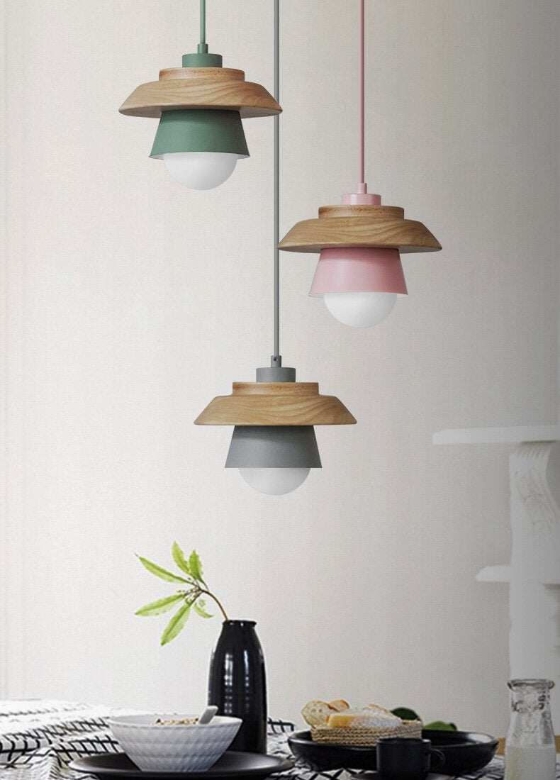 The Nordic modern minimalist bedroom small chandelier iron wood bowl hall creative personality Macarons restaurant LED lamp