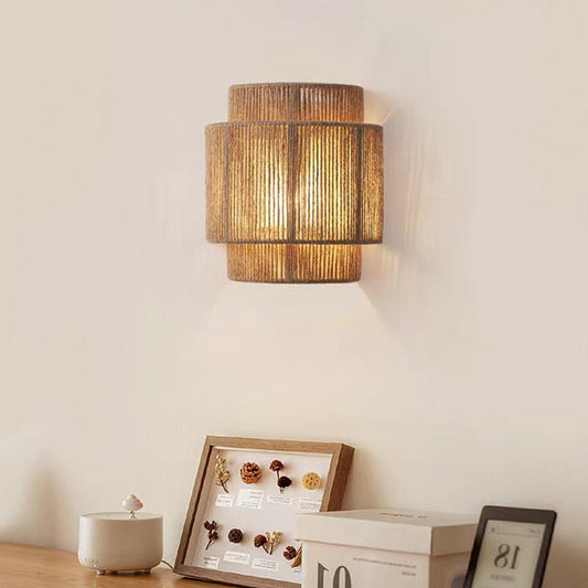 Vintage Retro Rattan Wall Lights E27 Handwoven Hemp Rope Wall Lamp for Living Room Hallway Indoor Decor Sconce
