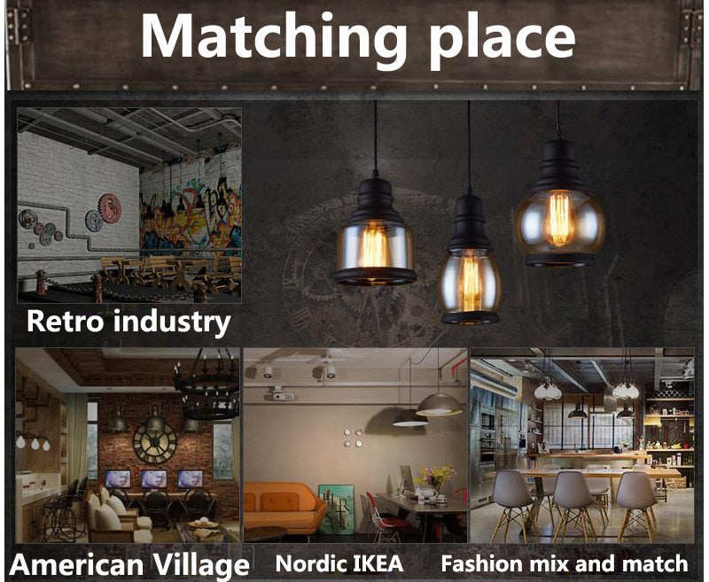 Vintage Loft Pendant Light Industrial Style Amber Glass Lamp Bar/Restaurant Retro Room Bar Bed Room 3 Style Pendant Light