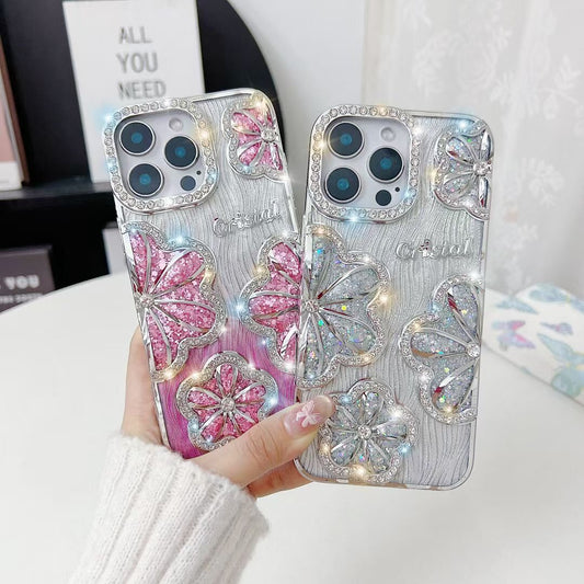 Sparkling Diamond Flower Cover Funda Ripple For iPhone 11 12 13 14 15 16 Pro Max Plus Air Gradient Color Glitter Cases Plating Case