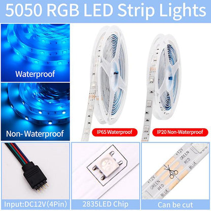 5M 10M 15M 20M RGB LED Strip Lights Music Sync 12V Waterproof LED Strip 30LED/M 5050 SMD Color Changing LED Light with Bluetooth Controller and Adapter for Bedroom Home TV Back Light DIY Deco