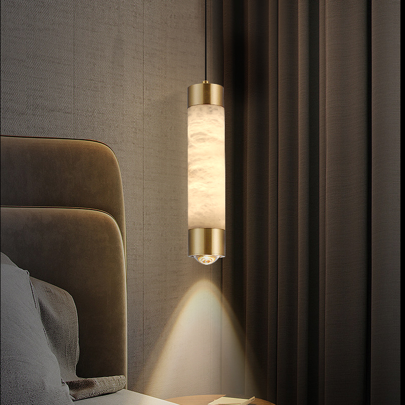 Copper Spanish Marble Small LED Chandelier High-end Modern Simple Bedroom Pendant Light Bar Counter Hanging Lamp