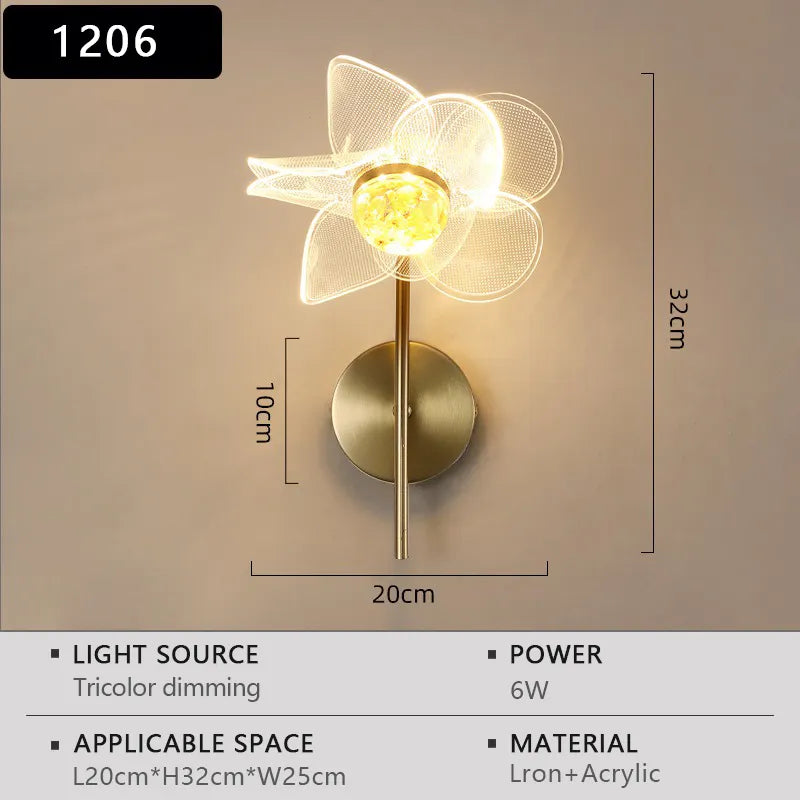 Modern LED Wall Lamp Electroplated Flower Shaped Bedroom Bedside Light Study Dining Room Living Room Background Decoration Lamp