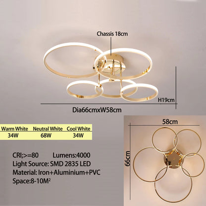 Modern Led Chandelier Gold/Chrome Led Ceiling Lights For Living Bedroom Kitchen 4-6 Ring Dimmable Ceiling Chandelier