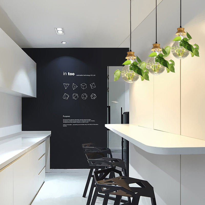 Modern Solid Wood Glass Plant Pendant Lights Garden Plant Flower Pot Restaurant Shop Ceiling Lamp
