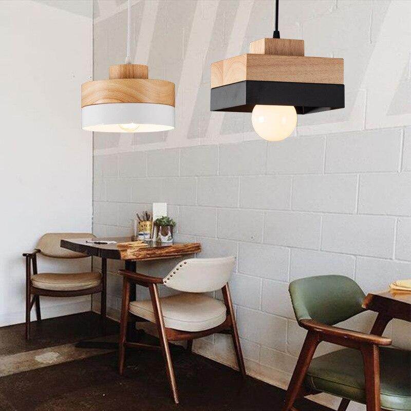 Nordic Solid Wood Lamp Simple Dining Table Pendant Lights Personality E27 Creative Living Room Bedroom Balcony Lamp With Bulb