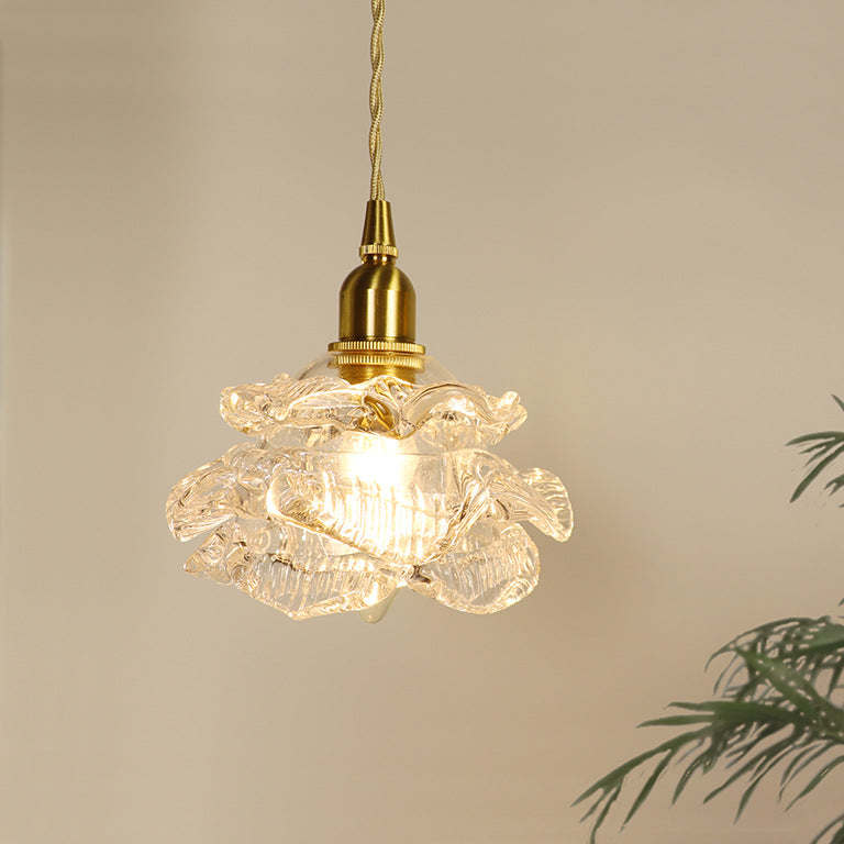 French Romantic Small Rose Glass Chandelier Lighting Bedside Bedroom Vintage Brass Light Luxury Hanging Lamp Living Dining Room