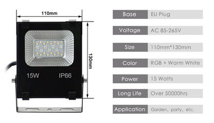 Smart Floodlight LED Outdoor Light RGB 15W Bluetooth4.0 360 APP Group Control IP66 Garden Waterproof Color Changing Spotlight