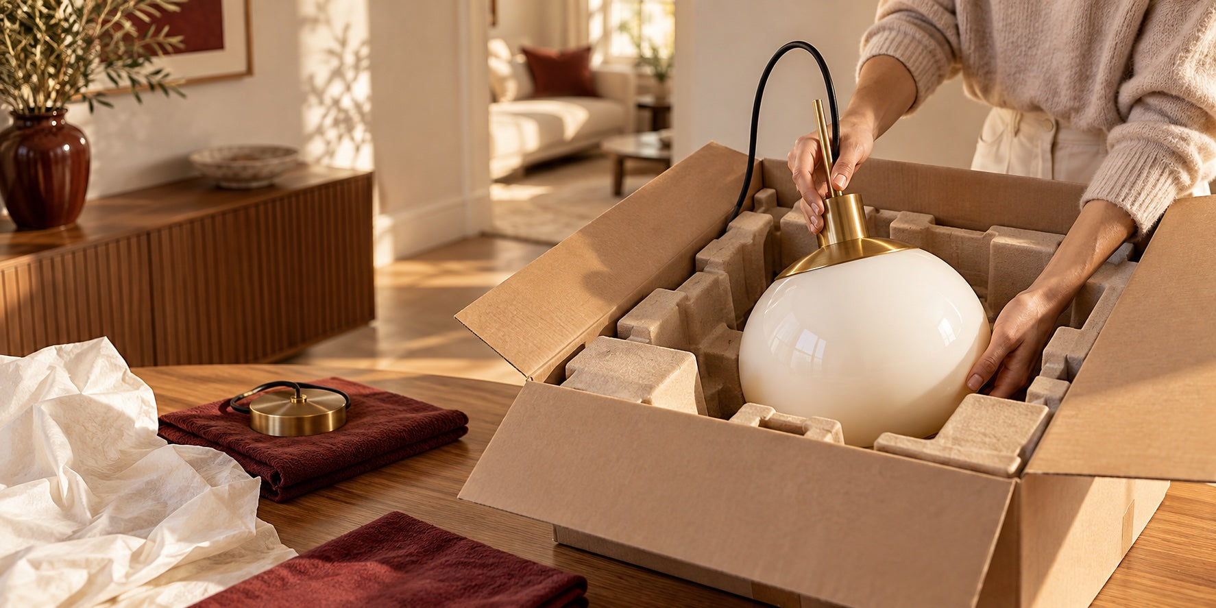 Pendant light carefully repacked in its original protective packaging